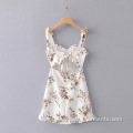 Women New Linen Leaf Print Hollow Out Dress